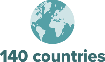 Globe graphic representing 140 low and middle income countries supported by Gilead